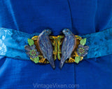 Small 1930s Jacket with Figural Birds Buckle - Authentic 30's Cobalt Blue Silk Wrap - Romantic Shawl Collar - Brocade Belt - Early Plastic