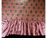 Full Size 1940s Bedspread - Sweet Pink & Green Roses Print on Glam Satin - 40s Rayon Bedroom Linens - Double Bed Cover - Chain Stitching