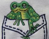 Size 3T Girl's Sweater - Cute 1970s Retro Toddler's Pullover with Frog in Trompe L'Oeil Pocket - 70s Green Froggy Embroidery - Chest 23