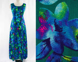 Size 8 Hawaiian Lounge Sun Dress - 1960s Summer Luau Style - Brilliant Blues - Teal Green - Hot Pink - Made in Hawaii - Bust 34.5 - 44667