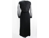 Size 10 Posh Evening Dress - 1960s Sheer Black Silk Chiffon & Cracked Ice Glitter - Medium 60s Formal Gown with Velvet Bow Waist - Bust 39