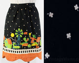 1950s Folk Apron - Size Medium to Large 50s Farm Novelty Print Half Apron - Scarecrow Chicken Calico Cat Country Theme - Waist 26 to 32