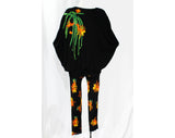 Small Cactus Novelty Print Outfit - Sexy Slinky Black Knit Cocoon Tunic & Matching Leggings - 1980s Pant Set Made in France - Hip 34 to 36