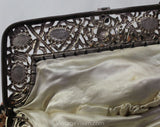 Victorian Inspired 1930s Purse - Peach Gray Black Floral Needlepoint Bag - Cutwork Metal & Stone Cabochons - Antique Look 20s 30s Handbag