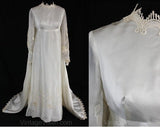 Size 8 Wedding Dress - Lovely 1960s Empire Satin Bridal Gown with Strewn Roses Embroidery - 60s New Old Stock - NWT - 200 Dollar Tag - 36369