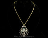 Asian Medallion Necklace - 1970s Pendant & Chain - Eastern 70s Jewelry - Sage Green Enamel and Gold Hue Metal - Far East Chic - 50567