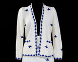 Size 8 1930s Style Knit Suit - 1980s Ivory & Cobalt Blue Houndstooth Check Jacket and Skirt by Mike Korwin - 30s 40s Retro Look - Bust 35
