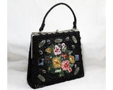 1950s Bead Collage Handbag - Needlepoint Flowers Kitsch 50s 60s Purse - Collectable Black Taffeta Bag with Marbled Glitter Cabochons