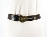 Men's Large Leather Belt with Brass Guitar Buckle - 1960s 70s Dark Brown Tooled Look - Western Cowboy Rock Star - Waist 38 to 40 - 50635