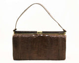 1950s Reptile Purse - Dark Brown Leather Handbag - Classic 50s 60s Bag - Goldtone Metal Hardware - Top Handle Bag - Near Mint! - 38906