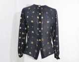 Size 6 Gold Star Blouse - Celestial 1980s Designer Small Long Sleeve Shirt - Gloria Sachs - Navy Blue Sheer Chiffon & Metallic - Bust 34