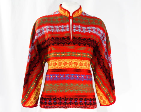 Medium 1940s Red Folkloric Shirt with High Collar - Size 8 to 10 Wool Brocade Top Made in Austria - 40s 50s Striped Winter Tunic - Bust 36