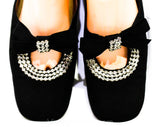 Size 8 Black Evening Shoes - Glam 1960s Cocktail Party Pumps - 60s Designer Bruno Magli - Crepe & Sparkling Rhinestones with Bow - 8M