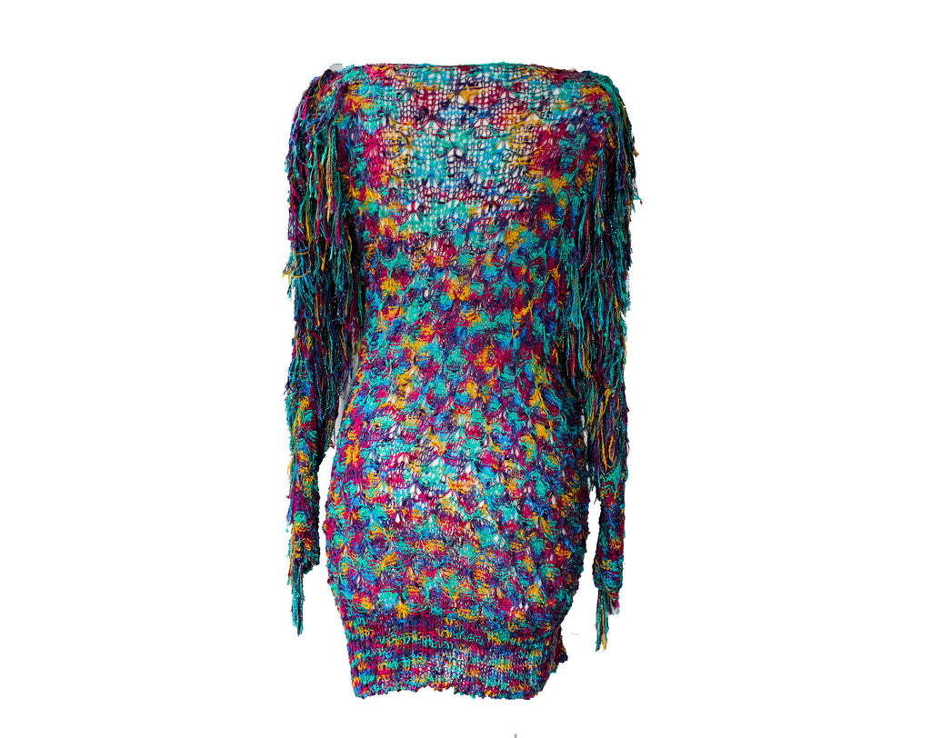 Size 6 1980s Mini Dress - Tropical Turquoise Fuschia Rainbow Sheer Kni Vintage Vixen Clothing Size 6 1980s Mini Dress - Tropical Turquoise Fuschia Rainbow Sheer Kni Vintage Vixen Clothing