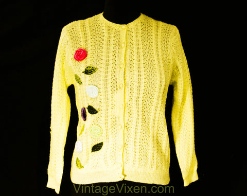 Size 10 Yellow Wool 1950s Cardigan with Velvet Rose Appliques - Top Quality 1950s 60s Preppy Classic Button Front Sweater - Spring Deadstock