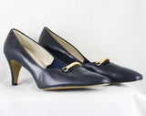Size 8 Navy Shoes - 1950s 1960s Dark Blue Heels by Cotillion - 60s Unworn Deadstock - Leather & Brass Metal Trim - 8AA / AAAA Narrow Width