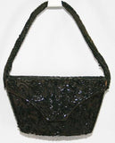 1940s Chocolate Taffeta Handbag with Black Beadwork - Brown 40s Formal Box Bag - World War II Era Evening Purse - Beaded - Elegant - 31072-1