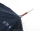 Antique Doll's Umbrella - Late 1800s Victorian Miniature Parasol - Black Cotton & Metal Frame - Smooth Wooden Handle - As Is Holes and Tear