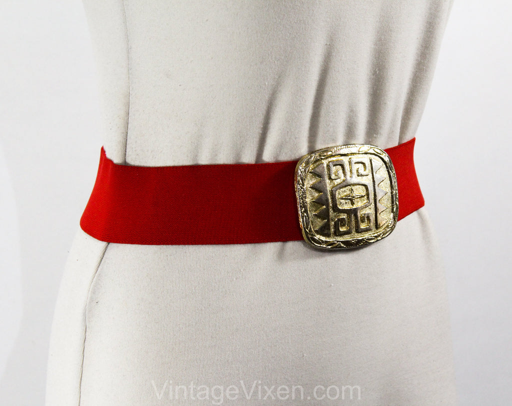 Medium Red Belt - Tribal 1990s Stretch with Primitive Buckle