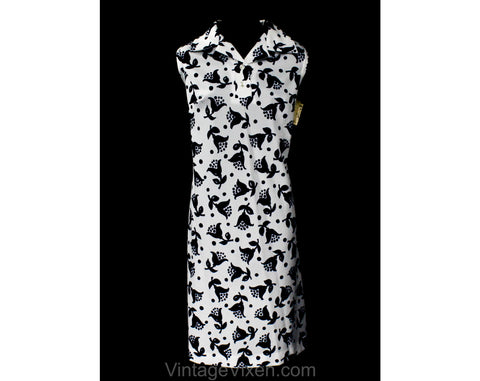 Size Large 60s Floral Summer Dress - Size 14 Sleeveless 1960s Navy Blue & White Knit - Polo Neck - Preppy Cute Mod - NWT Deadstock - Bust 41