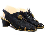 Size 8 1930s Shoe - As Is 30s 40s Black Leather with Deco Cutout Dots & Zig Zag - Lace Up with Faux Snake Tassels - 8AAA Narrow Peep Toe