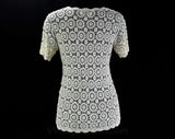 Size 6 Crochet Blouse - Short Sleeve 1960s 1970s Ivory Cream Hand Crocheted Openwork Top - Meticulous Chinese Handiwork - Bust 34.5