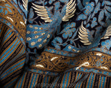 1960s Cotton Print Fabric - Over 3 Yards Navy Blue India Print - Continuous Yardage - 60s 70s Summer Bohemian Wild Bird Novelty Border Print