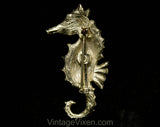 1950s Seahorse Pin - Sea Horse Brooch & Earrings - Gold Hue Metal - Aquatic Ocean Novelty Animal Theme - 50s 60s Goldtone - 50585