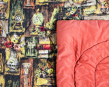 Antique Curios Novelty Print 1960s FULL Bedspread Quilted Comforter - Double Size 60s Bed Linens - Brown Orange Olive - 85 Inches Square