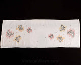1950s Table Runner - Butterflies Novelty Embroidery - Starbursts & Butterfly Motif - White Gold Black Red - 50s Embroidered Dresser Runner