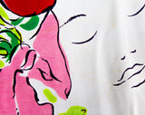 1940s Vegetable Patch Rayon Scarf by Marcel Vertes for Wesley Simpson - 40s Surreal Spring Novelty Print - Chartreuse Green Pink Orange Face