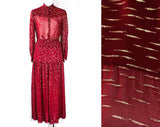 Size 6 Designer Dress - Burgundy & Gold Metallic Chiffon 70s Sheer Top and Skirt Set - Two Piece 1970s Gypsy Bohemian Outfit - Waist 27