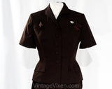 Size 6 1940s Suit - Dark Brown 40s 50s Tailored Short Sleeve Jacket & Skirt Set - Jeweled Rhinestone Accent - WWII Era Appeal - Waist 25.5