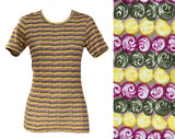 XXXS Resort Style T Shirt from Italy - Magenta & Green Striped Seashell Print 1970s Tee - Short Sleeved Summer Shells Cotton Top - Bust 30