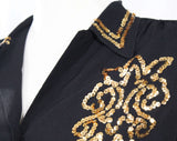 Size 6 1940s Blouse - Chic Black Crepe with Gold Sequined Emblem - WWII Era 40s Rayon Long Sleeved Shirt - Glam Sequin Top - Bust 34.5