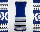 Girls Dress - Mediterranean Cotton Shift Dress - 60s Indigo Navy & White Border - Made in Greece - Child Size 12 or Ladies Size 2 - 41764
