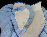 1940s Gingham Apron with Sheer Heart Shapes - Small Size 40s Half Apron - 40's Sweetheart Housewife Blue & White Cotton - Rick Rack