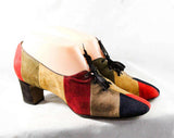 Size 8 Narrow Shoes - 1960s European Style Color Block Suede Pumps - 8AA Lace Up Shoes - 60s Red Fawn Maroon Black Fall Autumn Colors
