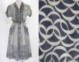 Size 6 1940s Dress - Sheer Nylon Summer Frock - Late 40s Early 50s Short Sleeve - Navy Blue & White Fish Scales Novelty Print - Waist 26