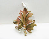 60s Mocha Leaf Pin & Earrings - BSK - Brown Autumn Fall Leaves - 1960s - Petite - Clip Earring - Aurora Borealis Rhinestones - 42710