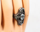 Size 5 Sterling Ring - Large Victorian Edwardian Revival Style - 1960s 70s Ornate Ring with Aqua Blue Stone & Marcasite 1900s Filigree Look