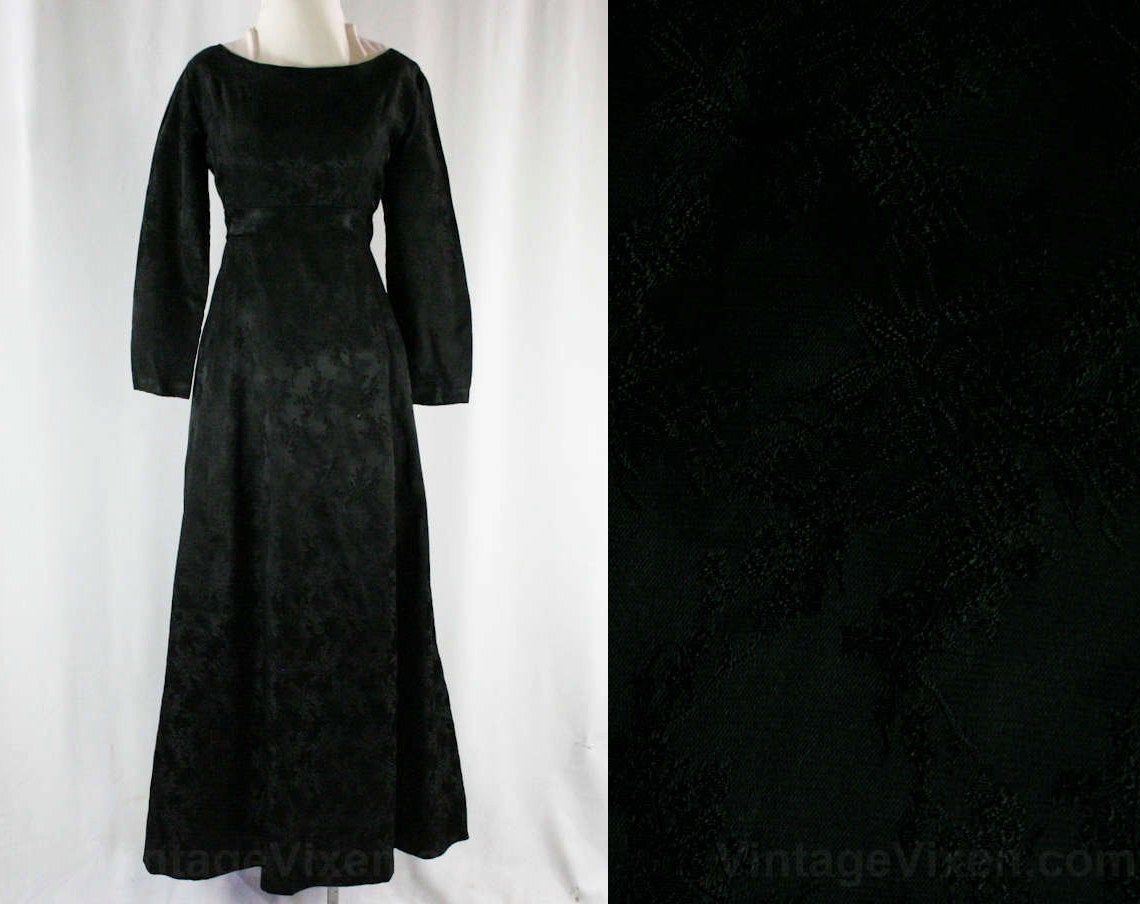 Size 6 Black Brocade Evening Dress - 1960s Empire Waist Gown - Elegant Vintage Vixen Clothing Size 6 Black Brocade Evening Dress - 1960s Empire Waist Gown - Elegant Vintage Vixen Clothing