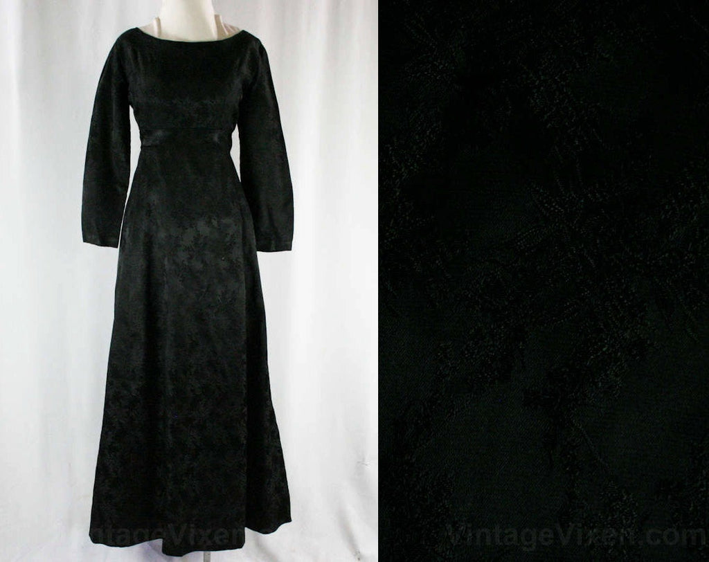Size 6 Black Brocade Evening Dress - 1960s Empire Waist Gown - Elegant Floral Satin - Timeless 60s Formal with Scoop Back & Waterfall Train