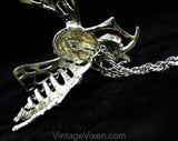 70s Pendant Necklace - Novelty Bee Insect Design with Jointed Moveable Parts - Silver Hue Metal Wasp - 1970s Big Bug with Ruby Rhinestones