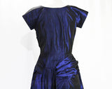 Size 8 1950s Cocktail Dress - Sapphire Blue Iridescent Shotcloth Taffeta - 50s Swagged Bustle & Pleats - Unusual Avant Garde - Waist 26.5