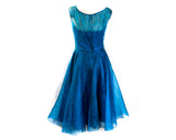 Fragile Size 8 1950s Cocktail Dress with Stardust Rhinestones - As Is Sapphire Blue Silk Organza - 50s Fit & Flare Skirt - Poor Condition