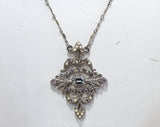 Victorian Style Necklace - Edwardian Retro Pendant - Antique Look Made in the 1980s 90s by Brand 1928 - Silver Tone Metal & Rhinestones