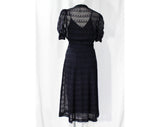 Size 8 1930s Dress - Sheer Navy Blue Voile with Scalloped Embroidery - Authentic 30s Frock & Original Slip - Plastic Bow Buttons - Bust 37