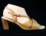 Size 9 Caramel Sandals - Glossy Tan 1970s Shoes - Criss Cross Slingback Heels - Peep Toe Summer Pumps - 70s Hush Puppies - NOS Deadstock