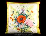 Botanical Floral Pillow - Burnt Orange Chartreuse Pink Blue Roses Iris Poppy Pansies & Ferns - 1960s 1970s - 16 1/2" Square Fine Cotton